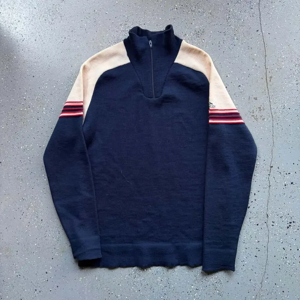 1970s Rockee Usa 1/4 Zip Sweater Large Navy Wool Striped Knit